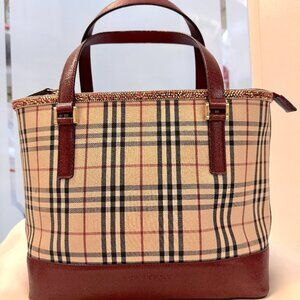 Burberry tartan plaid fabric and burgundy leather tote bag